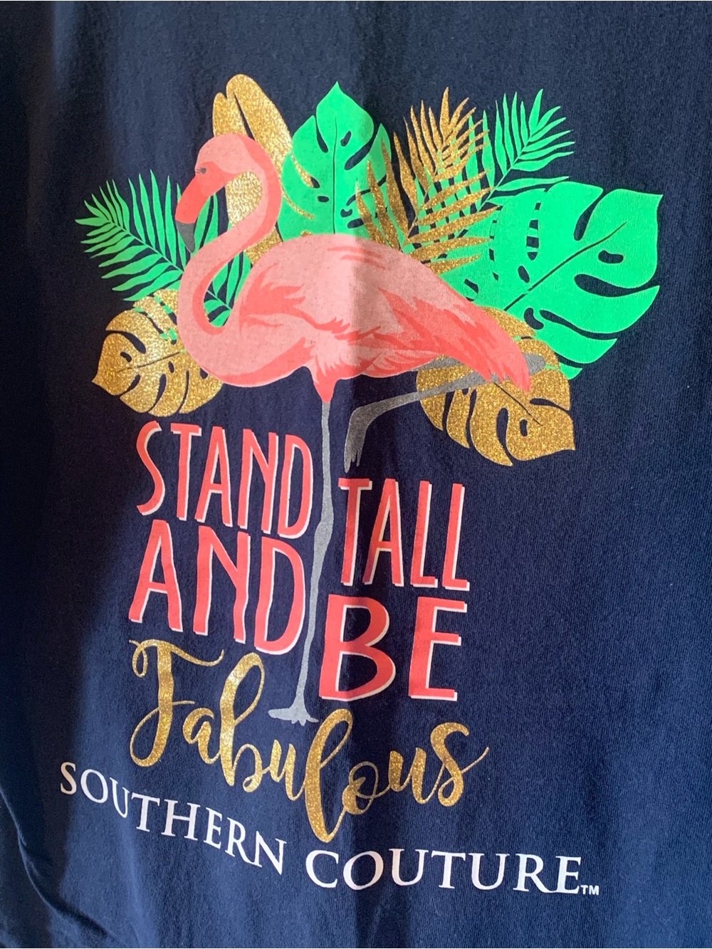 Southern Couture Navy Short Sleeve Tee - Pink Flamingo Graphic Women’s M